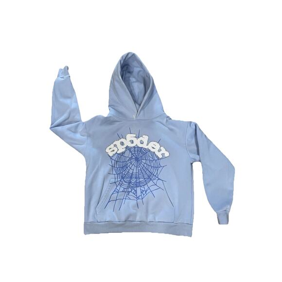 Rhinestone Sp5der Men's Pullover Hoodie Size Small Baby Blue Front Pouch - Picture 3 of 16